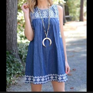 Blu Pepper denim Sleeveless Dress with White Embroidery